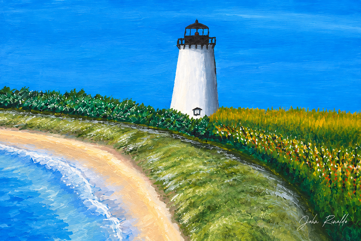 Edgartown Light coastal artwork with John Rinaldo signature at lower right