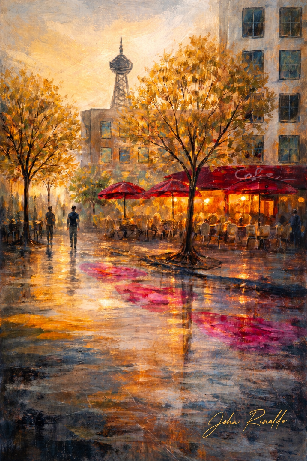 Autumn Café in Paris by John Rinaldo — golden autumn trees, red café awnings and street reflections beneath the Eiffel Tower