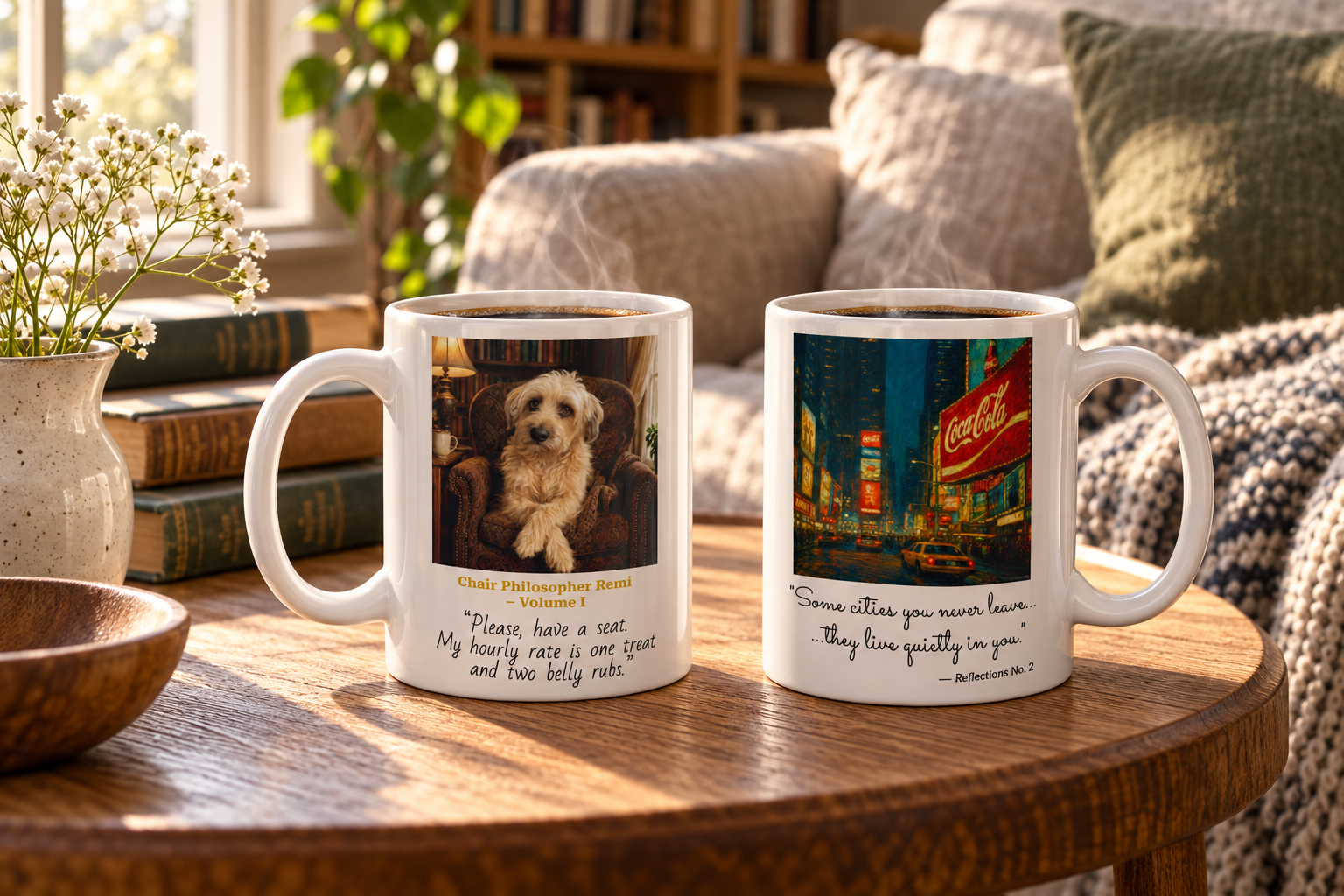 Artwork and Remi mugs on a coffee table