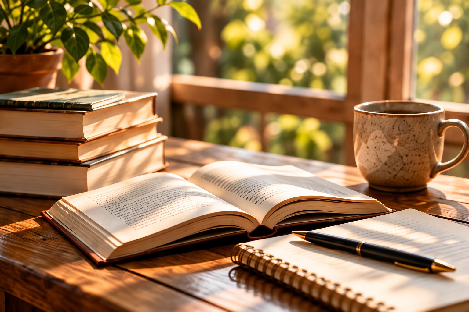 Books, an open book, and a notebook on a sunlit writing desk