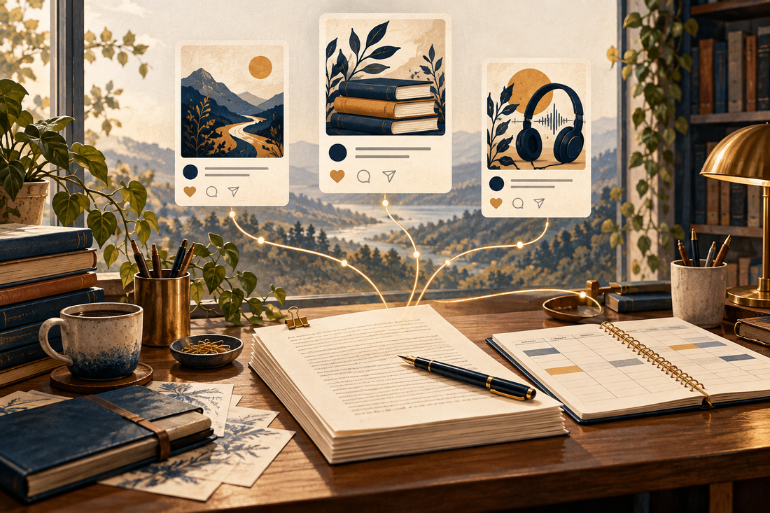 Author organizing social content cards and a weekly publishing plan