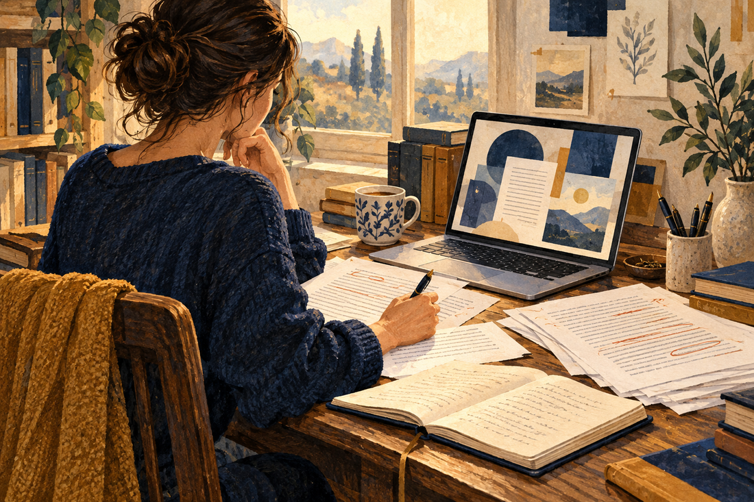 Author reviewing a draft beside a laptop and handwritten notes