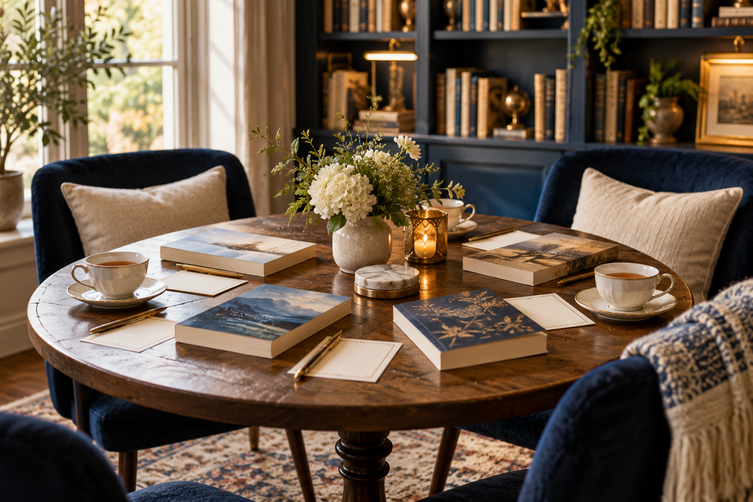 cozy round table ready for a book discussion with four paperbacks, teacups and discussion cards, an inviting library background, no people.