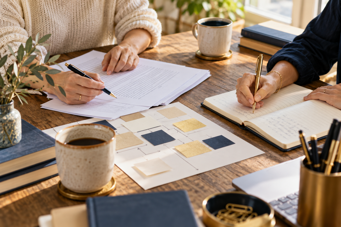 Two writers' hands working together at an oak table with manuscript pages, notebooks and a simple shared project plan, no faces in view.