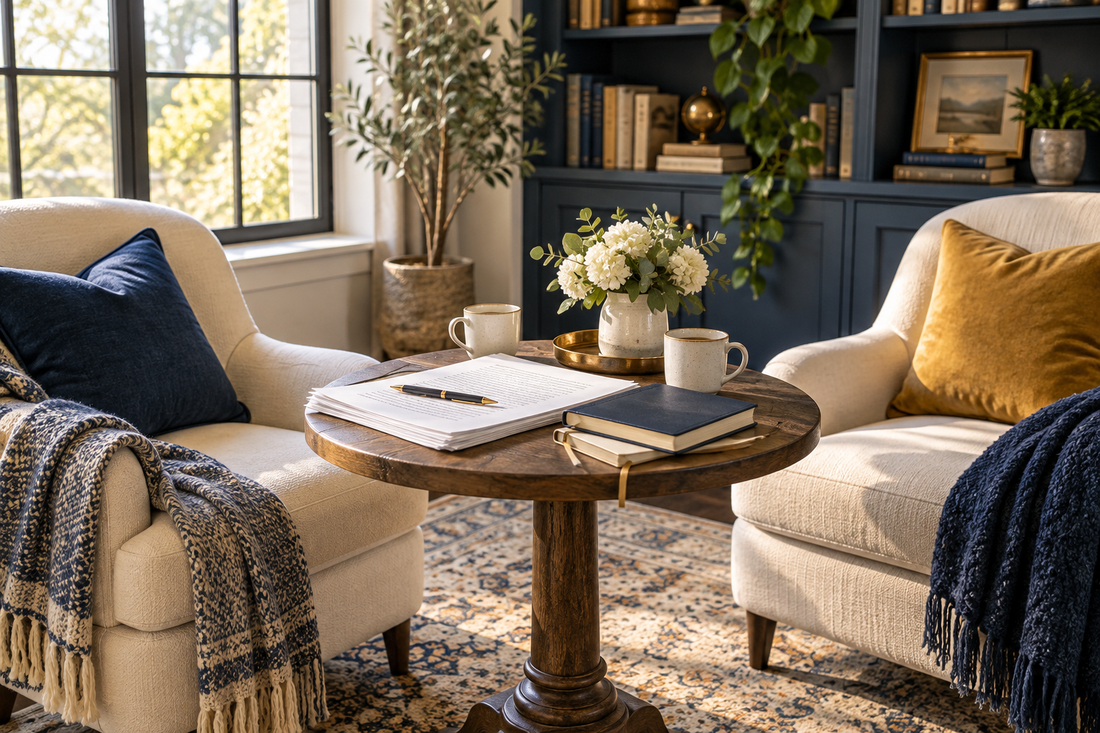 Two comfortable chairs beside a small table with manuscript pages and two notebooks, a welcoming setting for a thoughtful author conversation.