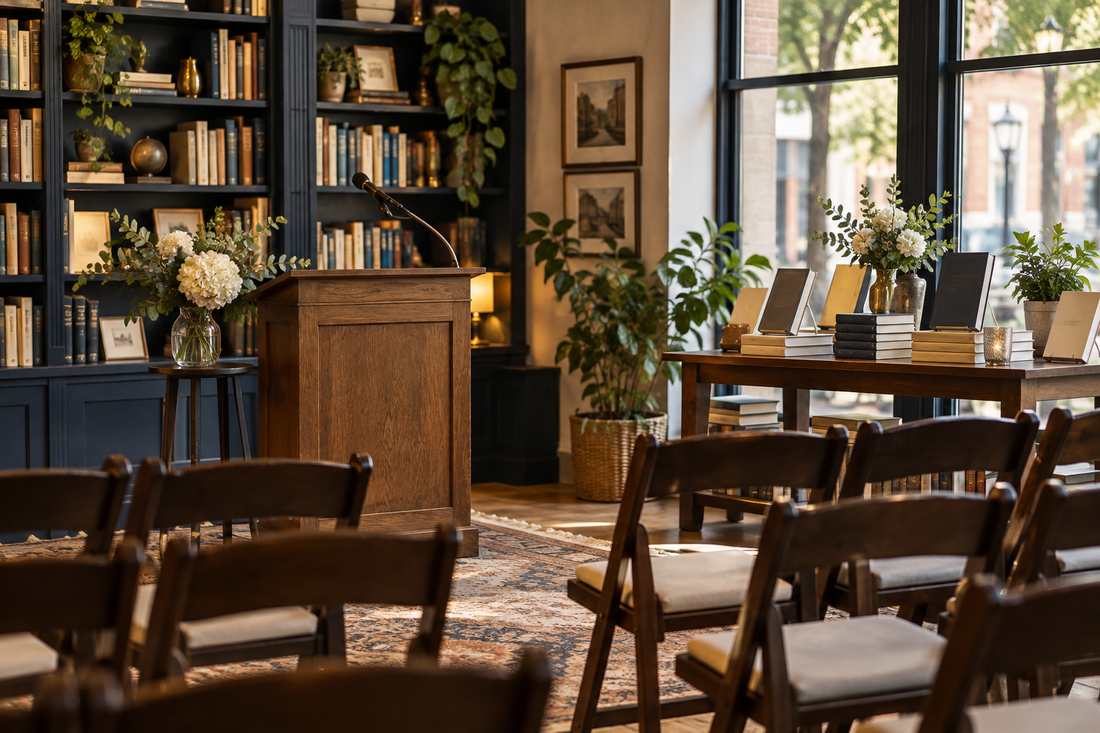 intimate bookstore reading setup with a wooden lectern, microphone, rows of chairs and a small book display, waiting for an author event.