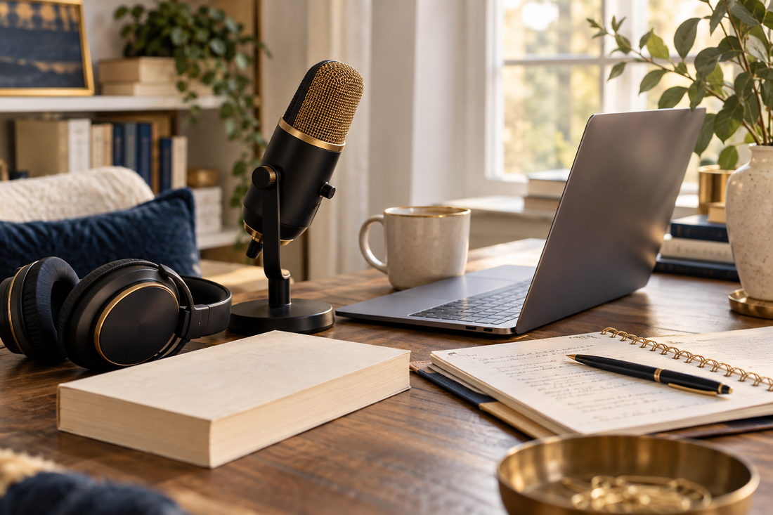podcast interview recording setup with one handsome microphone, headphones, a cream paperback, a laptop and handwritten preparation notes.