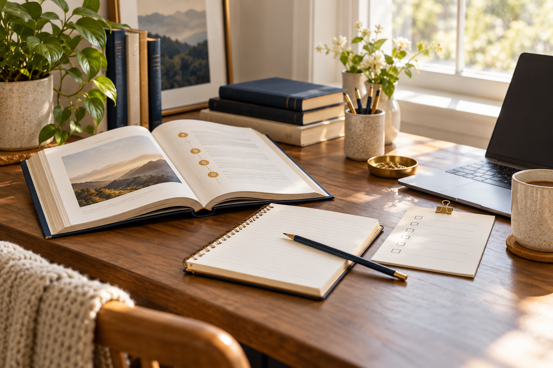 writer's learning workspace with open publishing guide, notebook, pencil, laptop and a small practical exercise checklist, calm focused daylight.