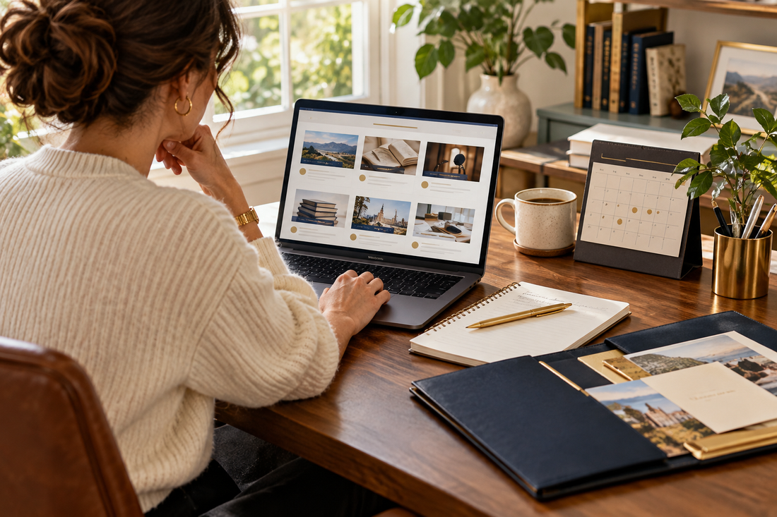 author examining opportunity listings on a laptop with a planning notebook, small calendar and folder of professional materials, no readable screen text.