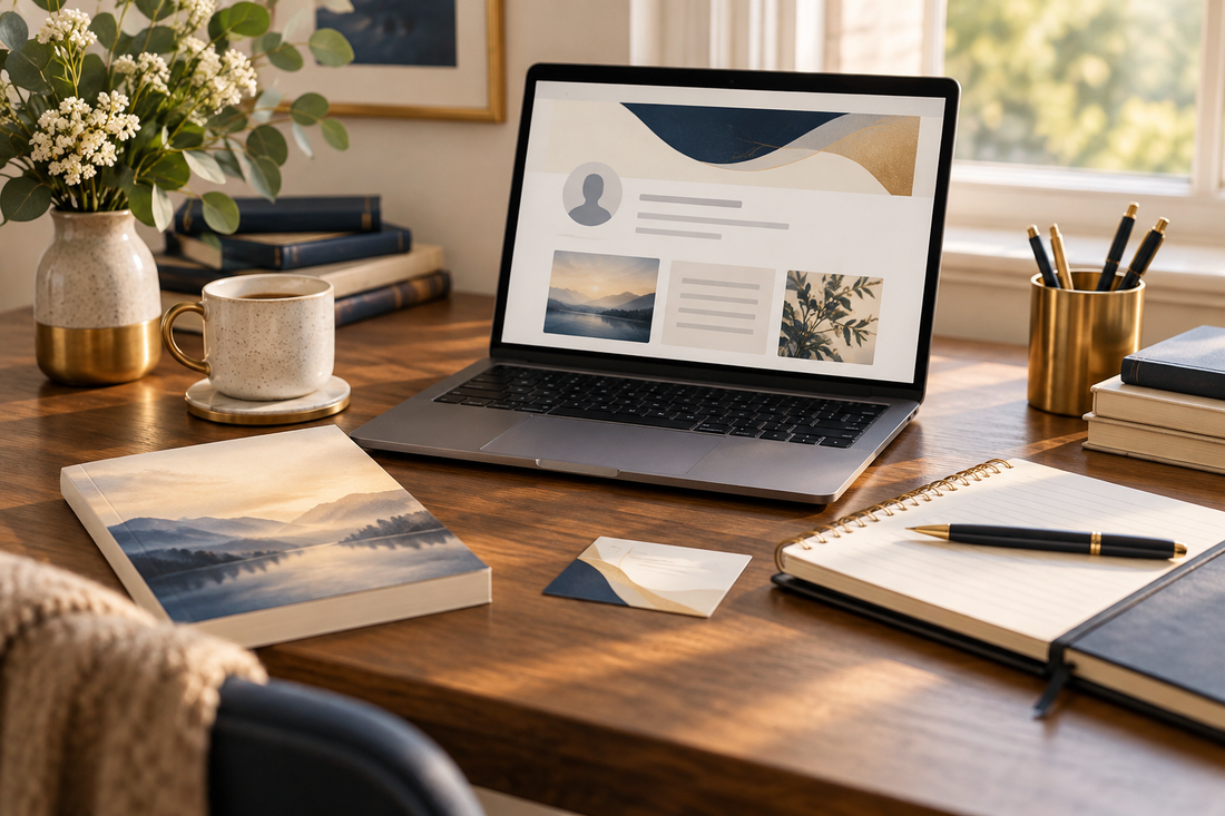 neat author profile planning desk with a laptop showing a soft abstract profile layout with no readable text, a paperback, writing notebook and professional contact card.