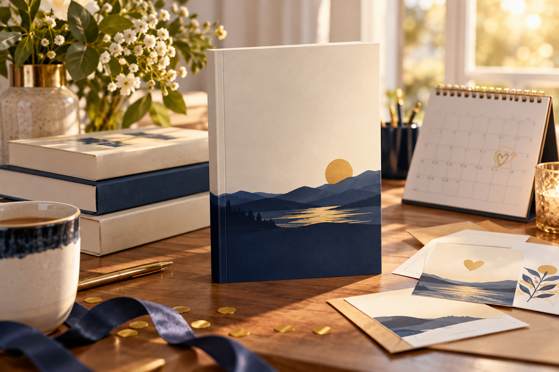 newly released cream and navy paperback displayed beside a calendar, a small stack of books and reader announcement cards, warm celebratory sunlight.