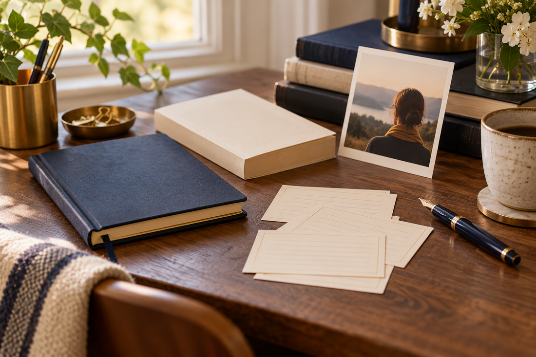 independent author portrait preparation desk with a closed navy notebook, a cream paperback, a small portrait photograph seen from behind, fountain pen and interview question cards.