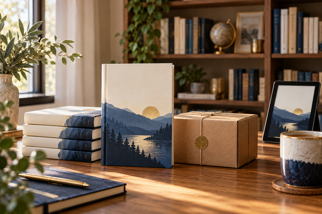 Printed books, a shipping box and a tablet representing print and ebook distribution.