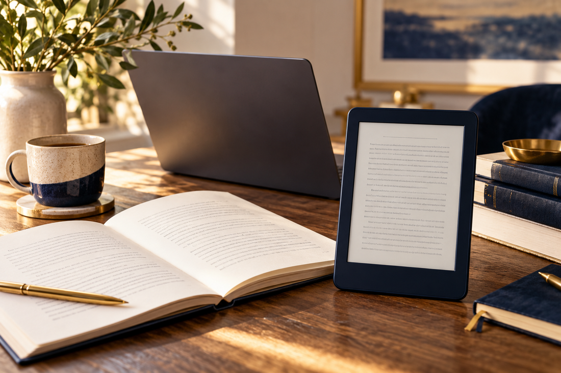 E-reader beside a manuscript and laptop on a warm publishing desk.