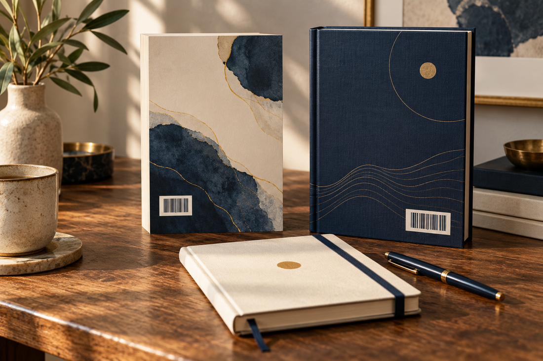 Paperback and hardcover with barcode labels beside a publishing notebook.