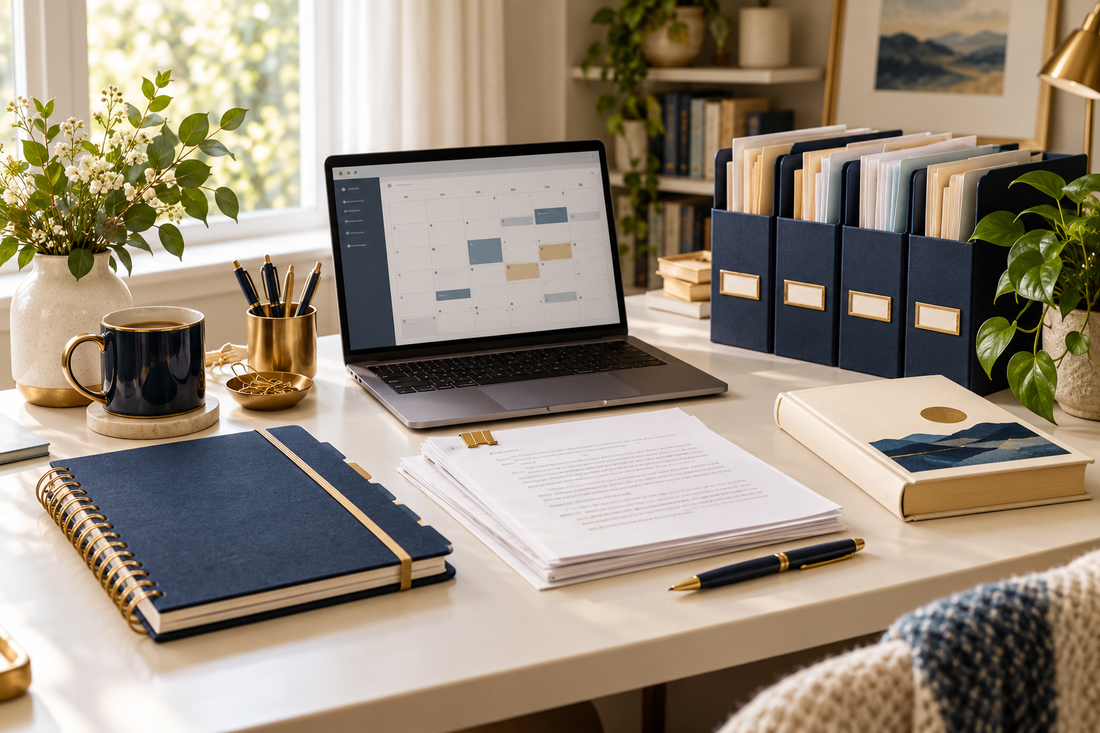 Organized author workspace with project folders, manuscript pages and a calendar.
