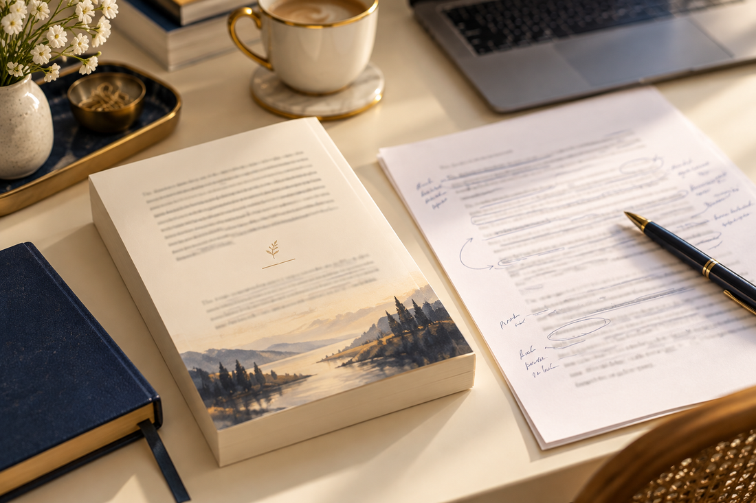 Paperback back cover beside a marked-up book description draft and pen.