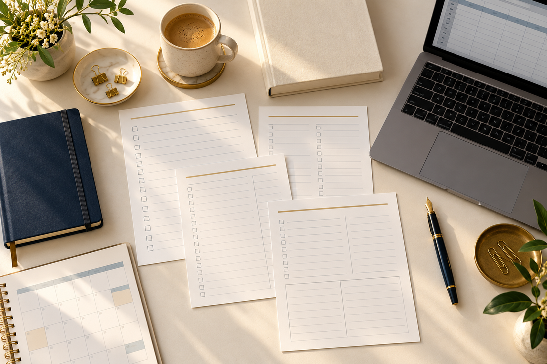 Publishing checklists and a calendar planner beside a laptop and navy notebook.