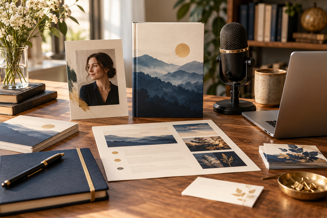 Author media kit with a book mockup, portrait card, microphone and publicity materials.