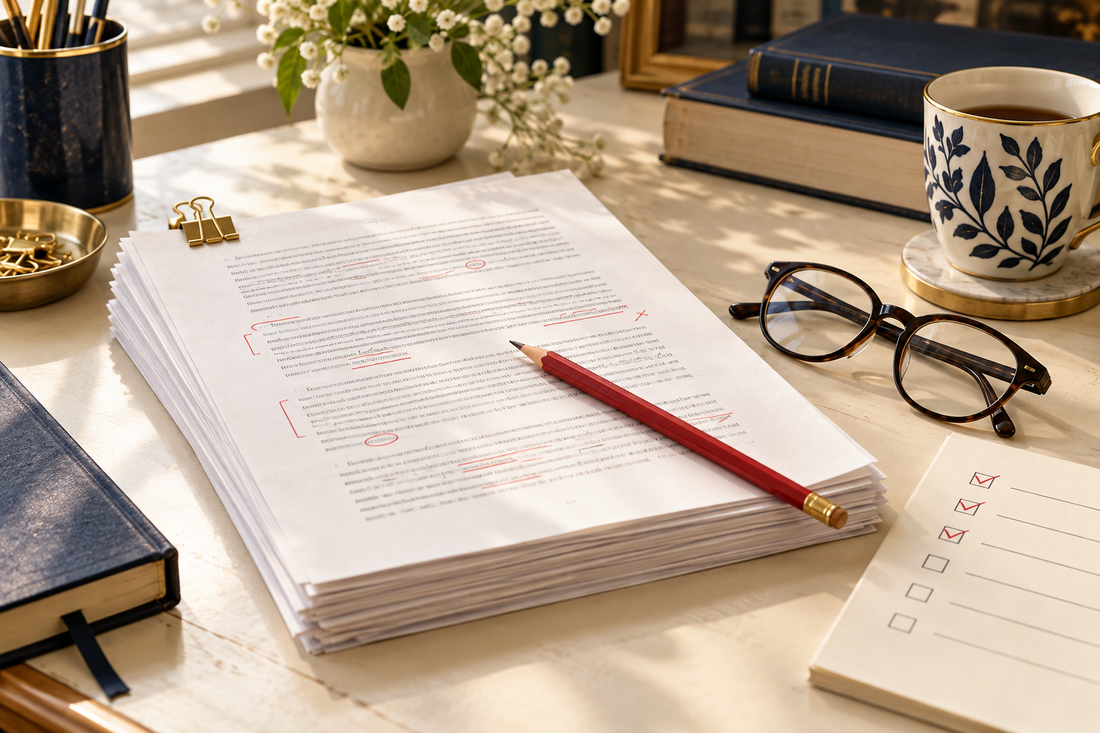 Manuscript proof pages with red correction marks, a pencil, glasses and a checklist.