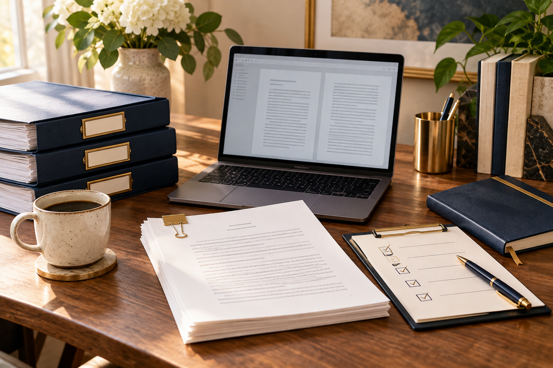 Organized publishing folders, manuscript pages, laptop and approval checklist.