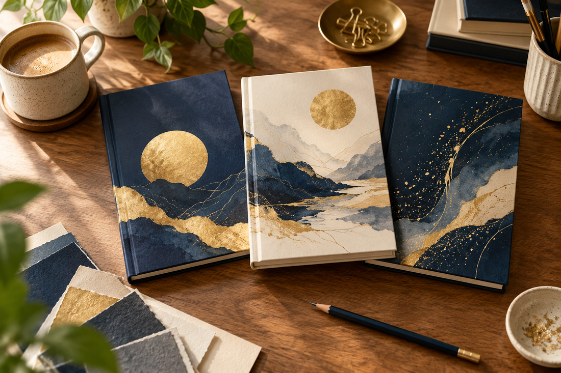 Book cover mockups with navy and gold artwork beside a color palette.