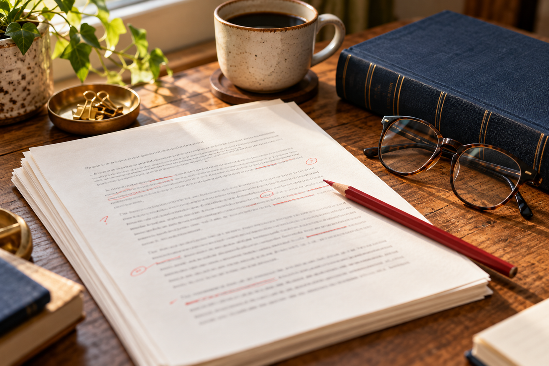 Manuscript pages with correction marks, a red pencil and reading glasses.