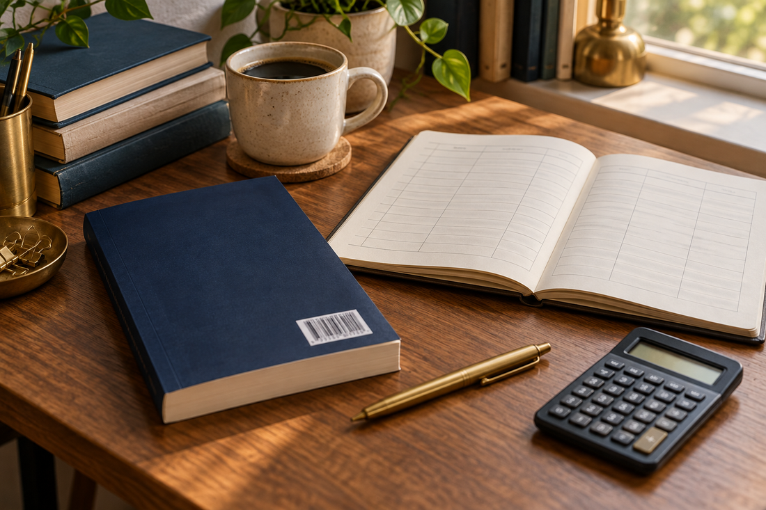 Paperback with a barcode beside a planning notebook and calculator.