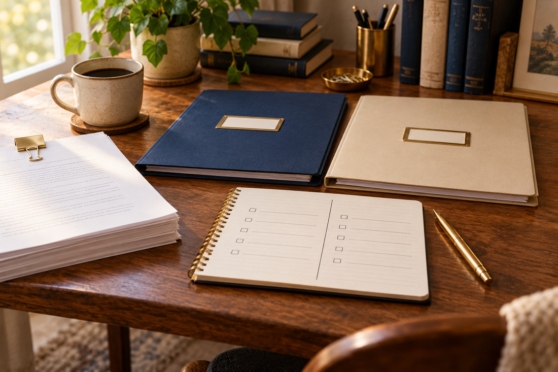 Manuscript, project folders and a comparison notebook on a publishing desk.