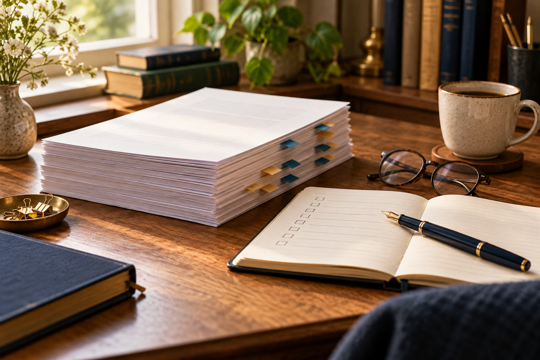 Tabbed manuscript beside a checklist, reading glasses and a pen.