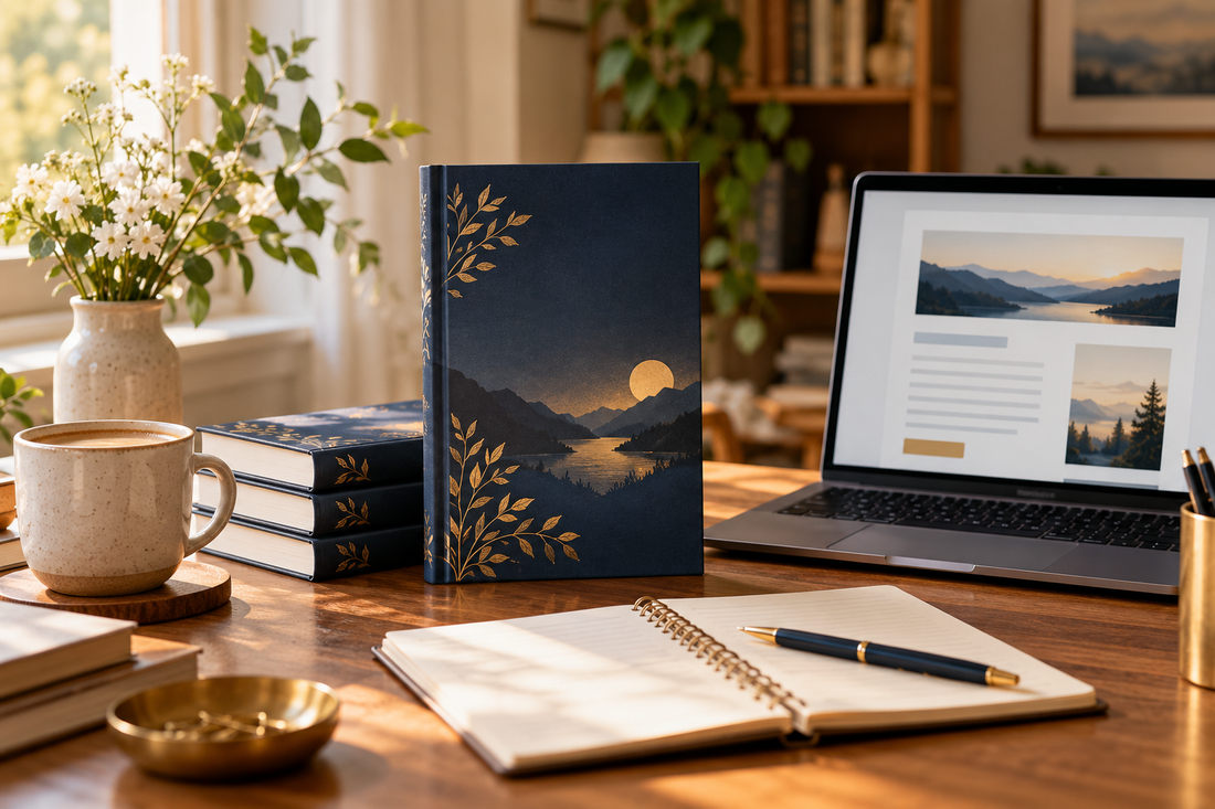 Published books beside a laptop and notebook used for author marketing.