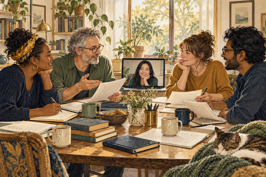 Independent writers exchanging feedback with a remote writing partner joining by laptop
