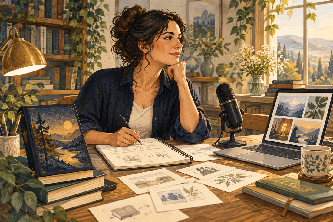 Independent author planning book promotion with caption notes, a microphone, and a laptop