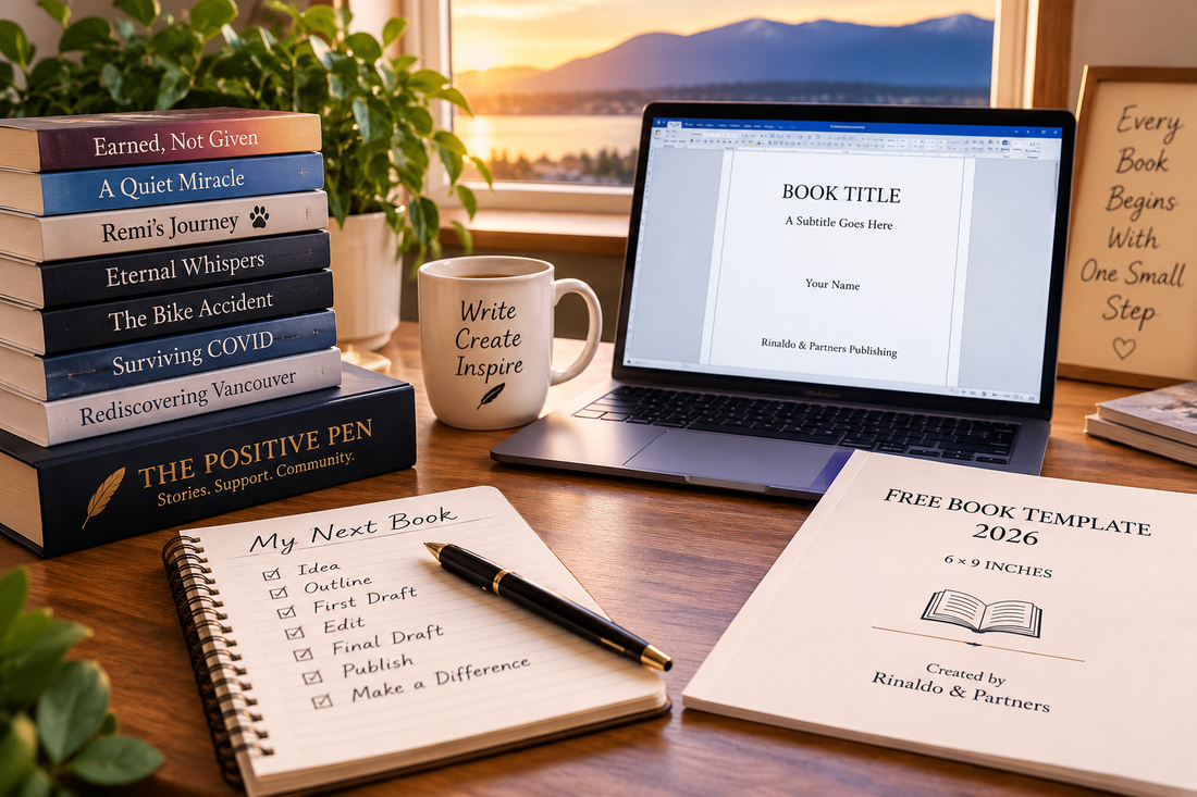 A cozy writing desk with a manuscript and free book template from Rinaldo & Partners