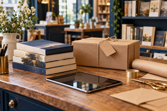 Printed books beside a shipping parcel and tablet in a bookshop