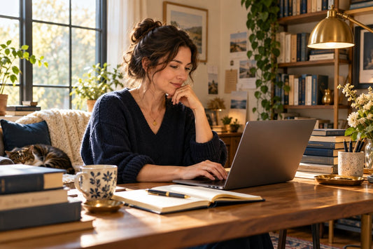 An author working at a laptop with a notebook in a writing studio