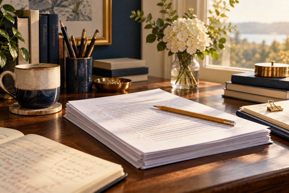 Annotated manuscript pages and an editing pencil on a sunlit writing desk
