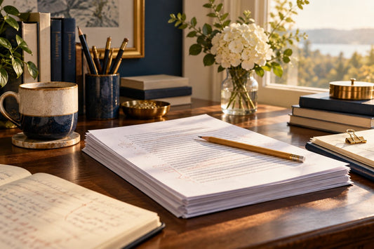 Annotated manuscript pages and an editing pencil on a sunlit writing desk