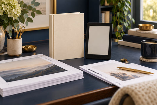 A print book, ebook reader and production proof pages on an author's desk