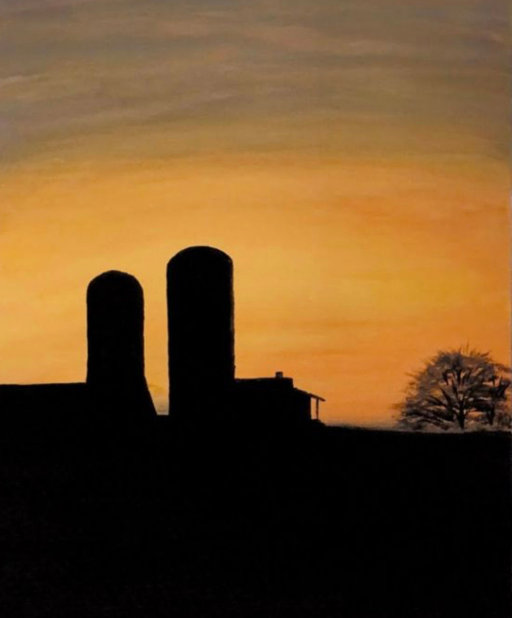 Awe-Inspiring Summer Sunset in Amish Country by John Rinaldo — farm buildings and silos silhouetted against a golden sky