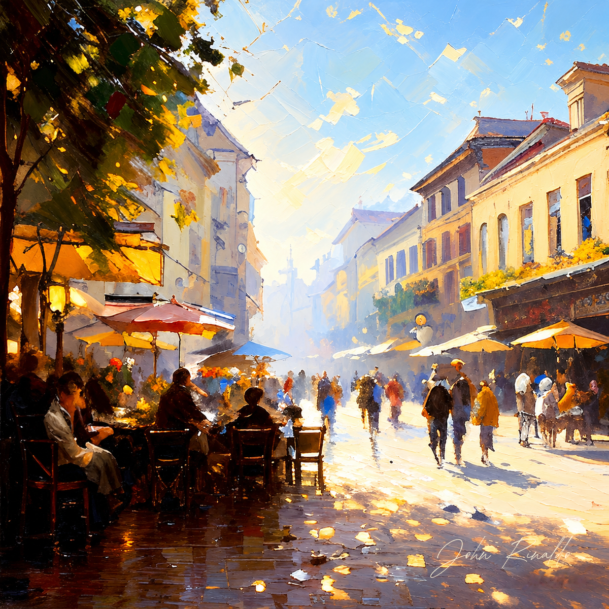 Cafe en la Rue — John Rinaldo supplied signature at lower right
