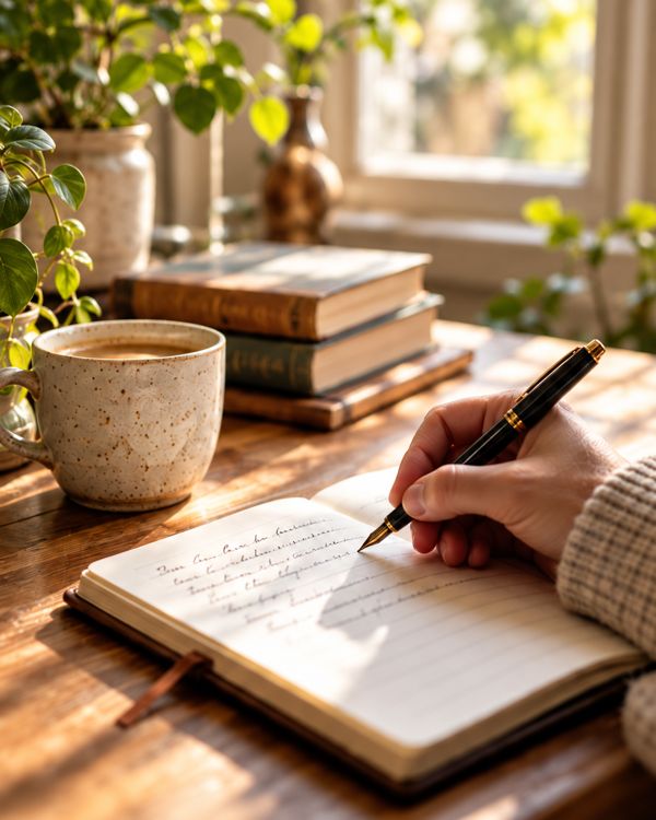 A fountain pen, open journal, and coffee in a sunlit writing space