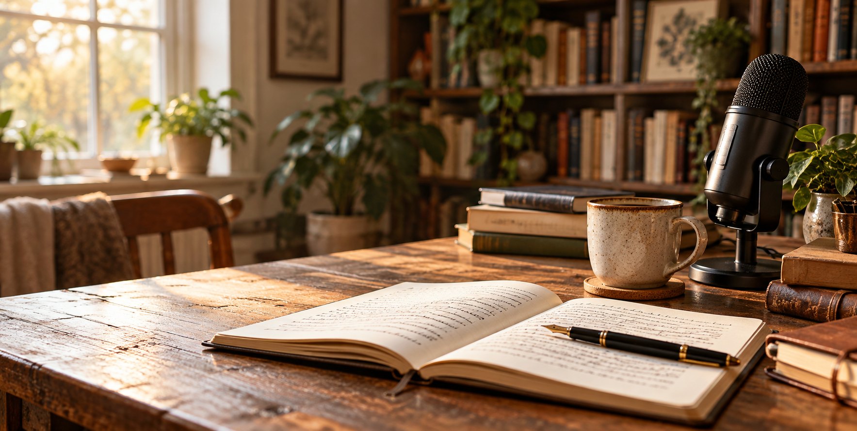 A welcoming writing desk with books in a sunlit library