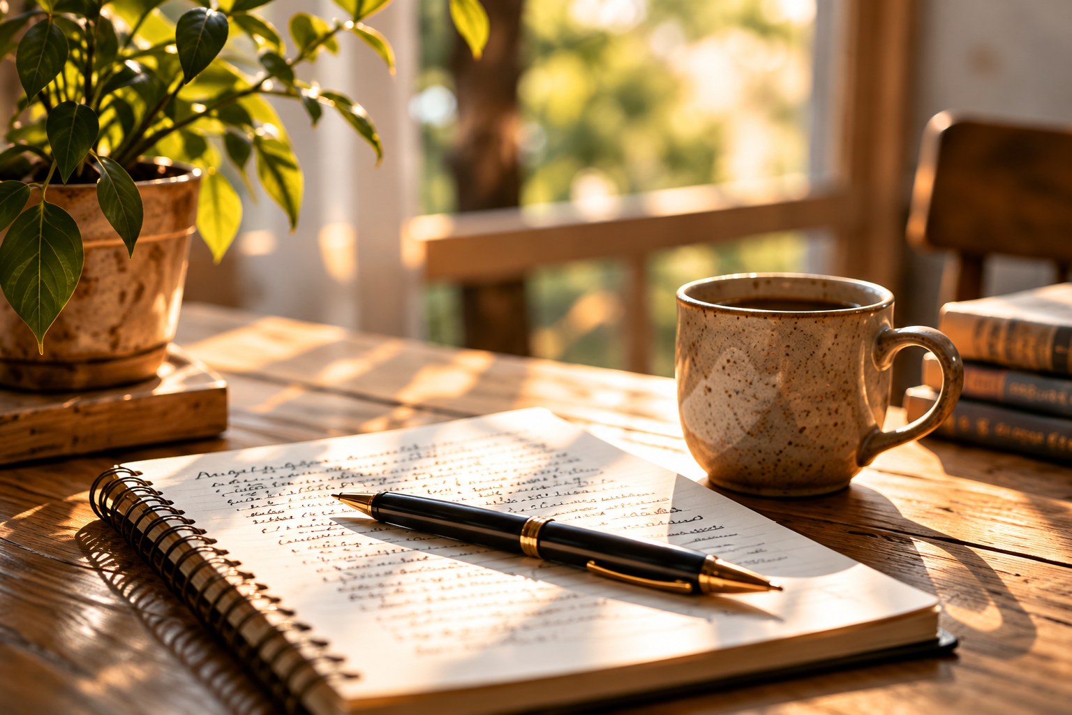 A sunlit writing desk with a notebook, pen, and coffee